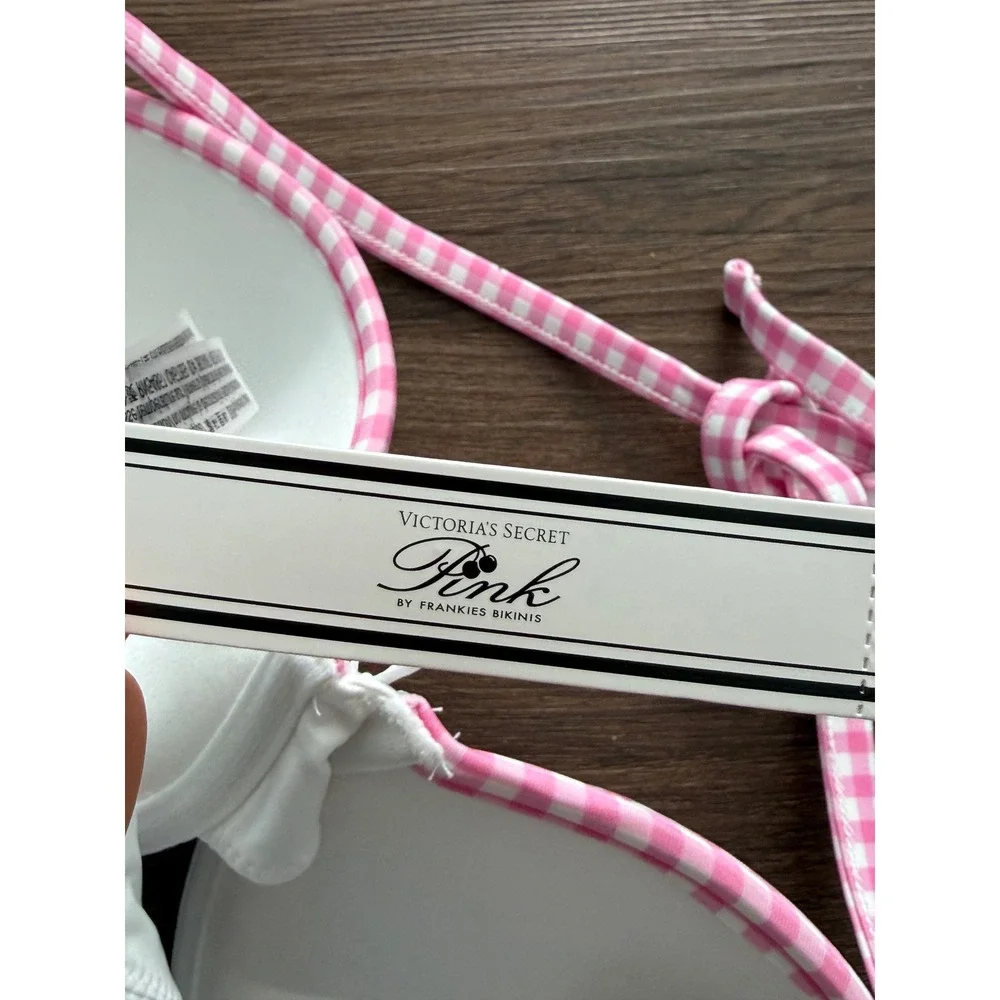 Victorias Secret PINK Frankies Bikinis Floral Gingham Push Up Top White Pink L